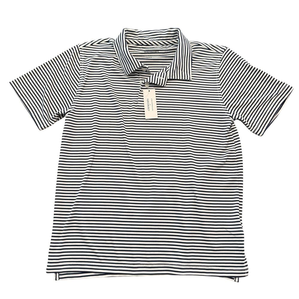 Crewcuts NEW Boys white/navy blue striped polo, performance material, 10-11